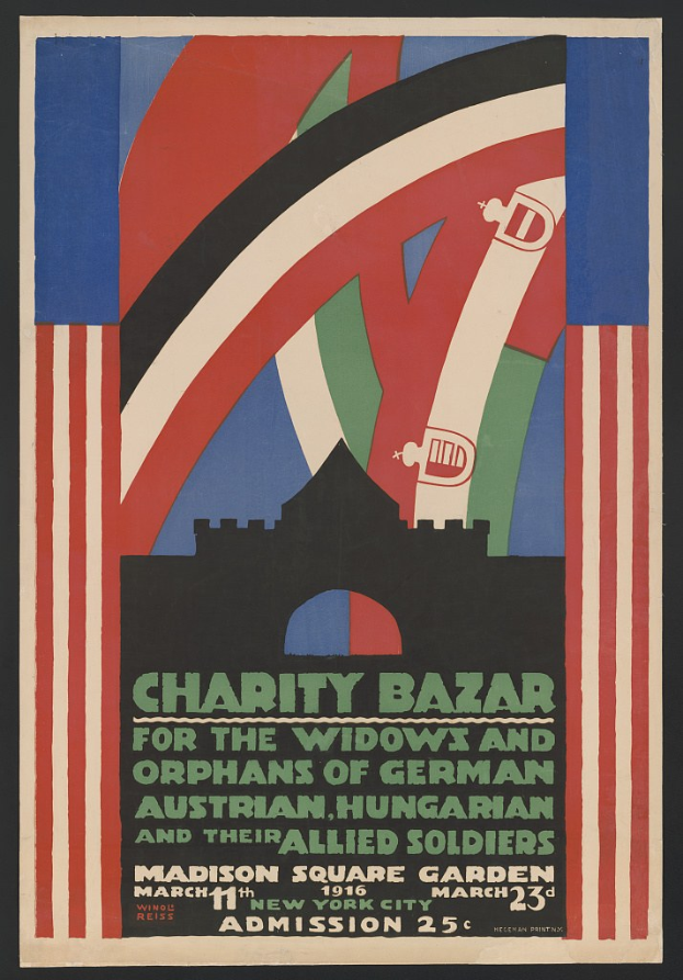Plakat für den Wohltätigkeitsbasar der Witwen und Waisen deutscher, australischer, ungarischer und alliierter Soldaten mit Text zu den Veranstaltungdetails.