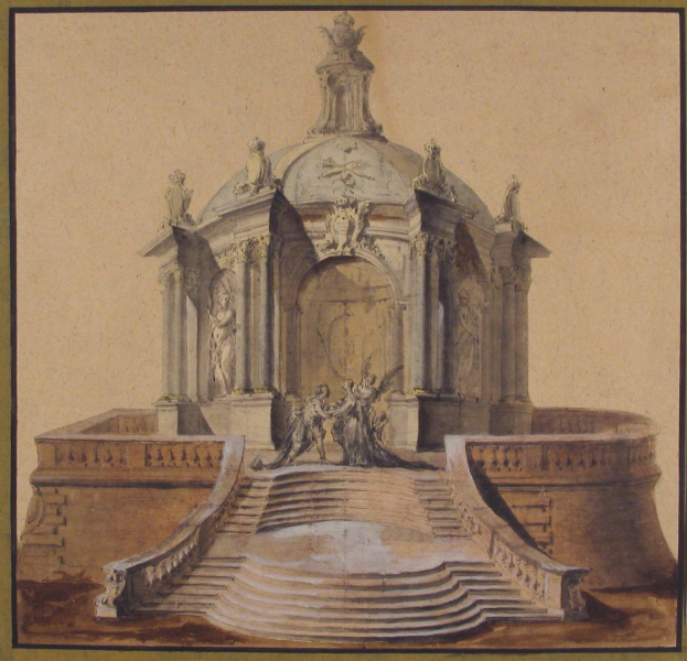 Ein gerahmtes Zeichnung eines klassisches Brunnens mit einer Statue darauf, umgeben von Stufen und zusätzlichen Skulpturen.