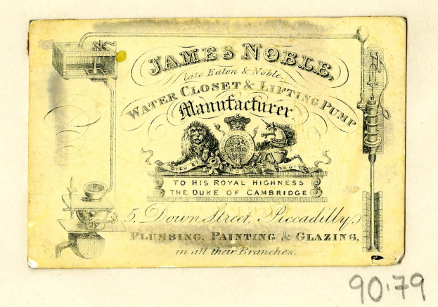 Visitenkarte für James Noble Wasserklosett & Hubpumpenhersteller mit Produktbeschreibungstext.