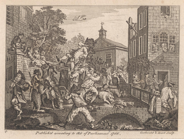 Eine Schwarzweiß-Radierung einer Gruppe von Menschen in einer Stadt mit Gebäuden, Bäumen und einem Himmel im Hintergrund, mit Text unten, der "The Act of Parliament 1706" lautet.