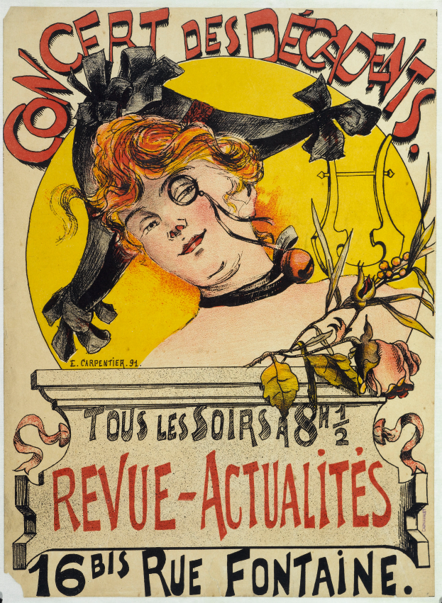 Ein Konzertplakat für die Decadents, das eine Frau mit einem menschlichen Gesicht und Text mit Veranstaltungdetails zeigt.