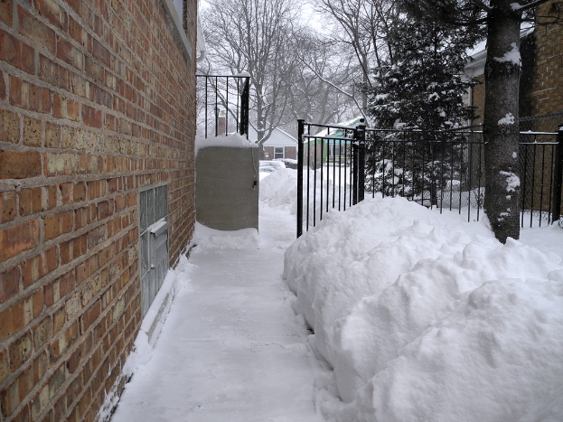Eine verschneite Szene mit einer Wand auf der linken Seite, Schuppen, Bäume, Gitter und ein Netz im Hintergrund, alles von Schnee bedeckt, mit Schnee am Boden.