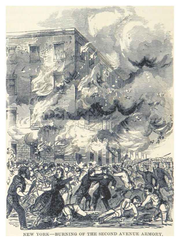 Plakat zeigt die Second Avenue Armory in New York City in Flammen mit einer Gruppe von Zuschauern im Vordergrund und Text unten lesend "New York - Brand der Second Avenue Armory"