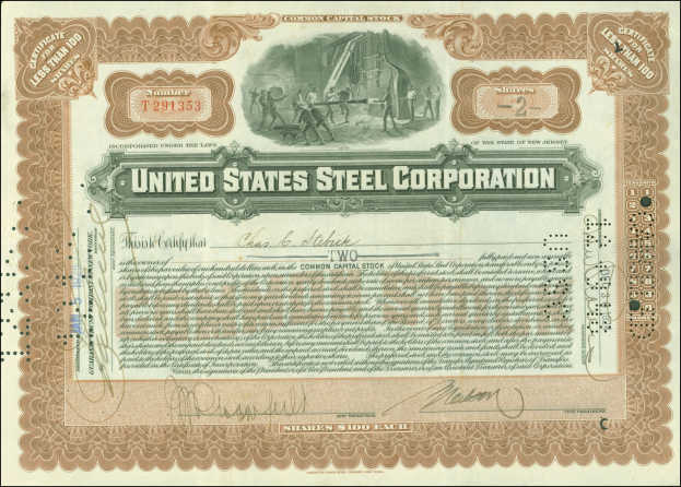 Aktienzertifikat der United States Steel Corporation mit goldenem Siegel, Text 'United States Steel Corp.', zentrales Porträt eines Mannes im Anzug und hellblauem Hintergrund, umrahmt von einem Rahmen.