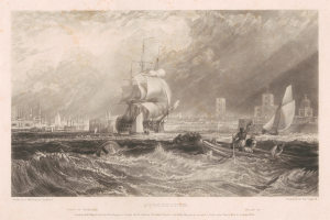 Eine Gravur eines Schiffes, das in der Nähe von Gebäuden auf einem wolkenverhangenen Meer segelt, mit der Inschrift "Portsmouth, England von Thomas Rowlandson" unten.