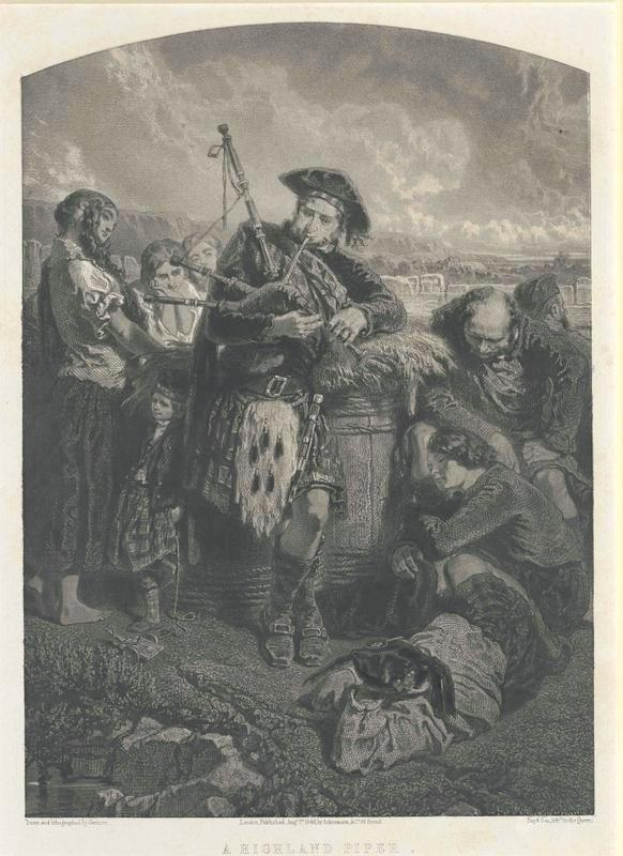Schwarz-weißes Gravur von einem Mann, der eine Dudelsack vor einer Gruppe von Menschen mit einem bewölkten Himmel im Hintergrund spielt, mit der Beschriftung "A Highland Pipe" unten.