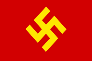 Roter Hintergrund mit einem gelben Hakenkreuzsymbol der Nationalsozialistischen Deutschen Arbeiterpartei in der Mitte.