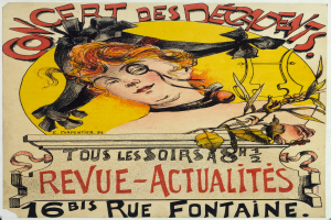 Ein Konzertplakat für die Decadents, das eine Frau mit einem menschlichen Gesicht und Text mit Veranstaltungdetails zeigt.