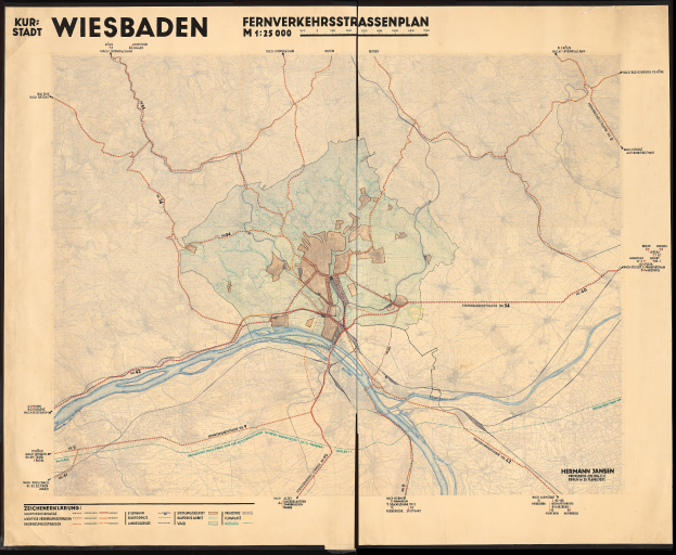 Ein gerahmtes, detailliertes altes Stadtplan von Wiesbaden, Deutschland, der Straßen, Gebäude, Sehenswürdigkeiten und Text mit Informationen über die Bevölkerung, Straßen und Sehenswürdigkeiten zeigt.