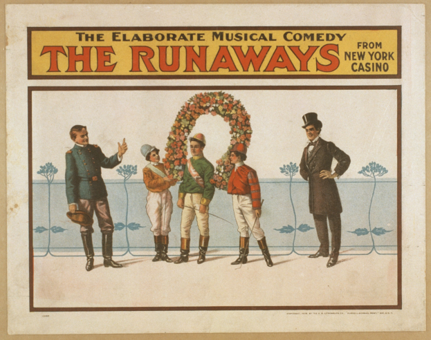 Plakat für "Elaborate Musical Comedy Runaways" aus dem New Yorker Casino, das eine Gruppe von Menschen in einer Reihe zeigt, wobei einer einen Blumenstrauß hält und der Text die Komödie beschreibt.