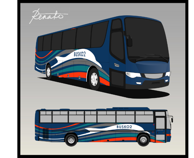 Zwei animierte Busse sind übereinander dargestellt, mit Text links oben.