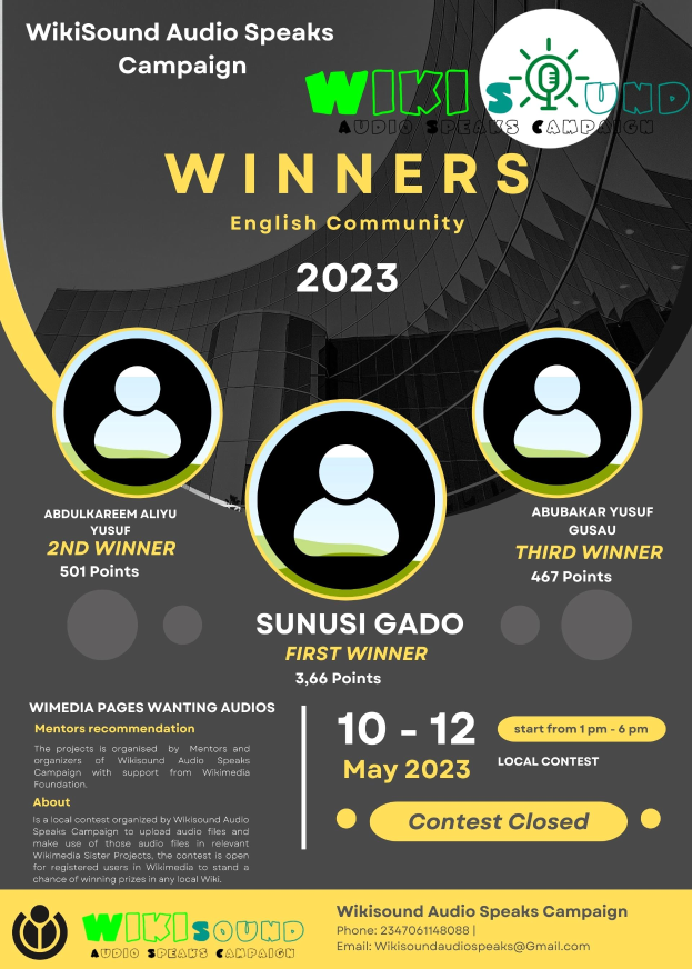 Ein buntes Plakat mit einem blauen Hintergrund und gelben und weißen Buchstaben, die in fetter Schrift 'Gewinner' bilden, mit mehreren lachenden Menschen in der Mitte.