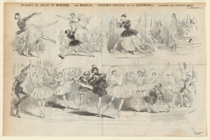 Eine Buchseite mit einer lebendigen Zeichnung einer Gruppe von Menschen, die im Einklang tanzen, sowie begleitendem Text mit Details zum Datum, Uhrzeit und Ort des Ereignisses.