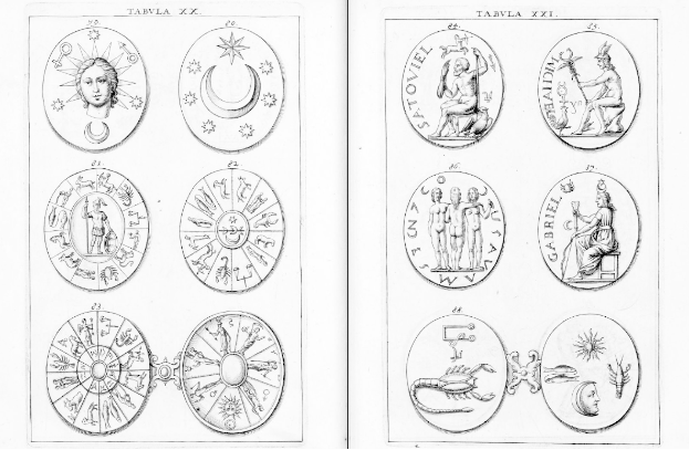 Eine Buchseite mit einem kreisförmigen Arrangement von Sternzeichen, Sonne, Mond und Sternen in der Mitte, umgeben von Kursivtext und einem dekorativen Rahmen auf einem weißen Hintergrund.