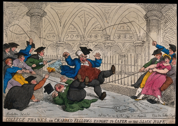 Cartoon-Illustration von Menschen in einem Gebäude, die Gegenstände halten, mit der Beschriftung "College Pranks oder Crabbed Fellows Taught to Caper on the Slack Rope" unten.