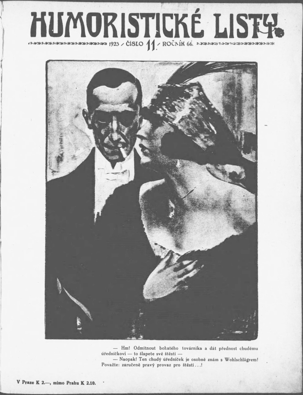 Schwarzes und weißes Magazin-Cover mit der Überschrift 'Humoristische Liste', das einen Mann in einem Anzug mit ernster Miene und eine Frau zeigt, die wegsieht und leicht schmunzelt.