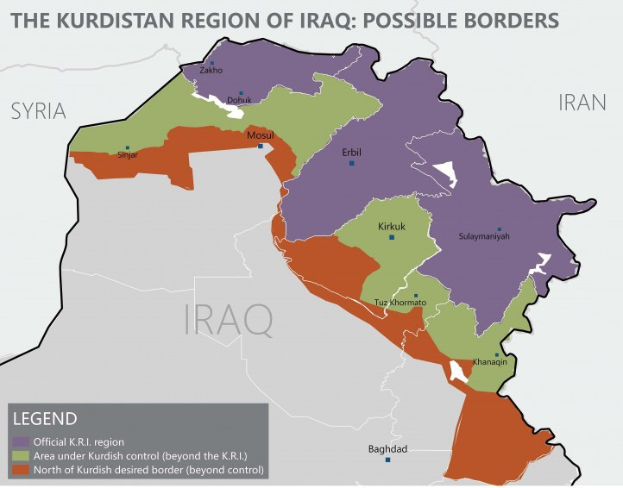 Ein Plakat mit einer Karte des kurdischen Gebiets im Irak, auf der verschiedene farbige Linien mögliche Grenzen anzeigen, begleitet von erklärendem Text.