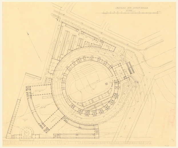 Schwarz-weißer Architekturentwurf eines Stadions mit umliegenden Gebäuden, beschriftet als der vorgeschlagene Standort für eine neue Sporthalle in London, mit handschriftlichen Anmerkungen.