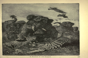 Ein Elefant und ein Tiger kämpfen im Dschungel, umgeben von Bäumen und Vögeln, die am Himmel fliegen, mit Text am unteren Bildrand.