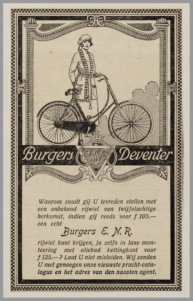 Frau auf Fahrrad in alter Werbung für Burgers Deventer mit Text über die Fahrrad-Features.