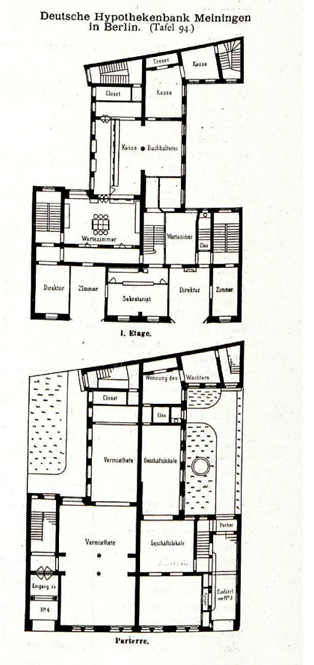 Ein detaillierter Grundrissplan des Hypothenbank Meiningen-Gebäudes in Berlin, der Raumaufteilungen, Fenster, Türen und weitere Merkmale zeigt.