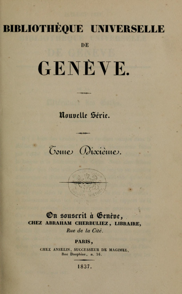 Altes Buch mit dem Titel 'Bibliothèque Universelle de Geneve' offen, um den Text darin zu zeigen.