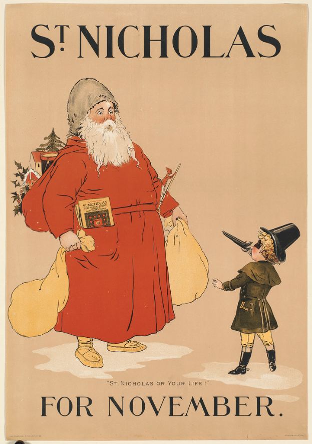 Ein Buchumschlag mit Santa Claus und einem Kind, betitelt mit "St. Nicholas für November."