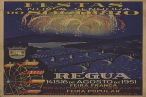 Ein Plakat, das ein Festival in Brasilien ankündigt und eine Brücke, Wasser, Hügel und Feuerwerk zeigt, mit Texten, die Informationen zum Festival enthalten.