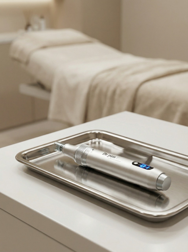 Steriles Microneedling-Instrument auf einem Tablett in einem professionellen Kosmetikstudio.
