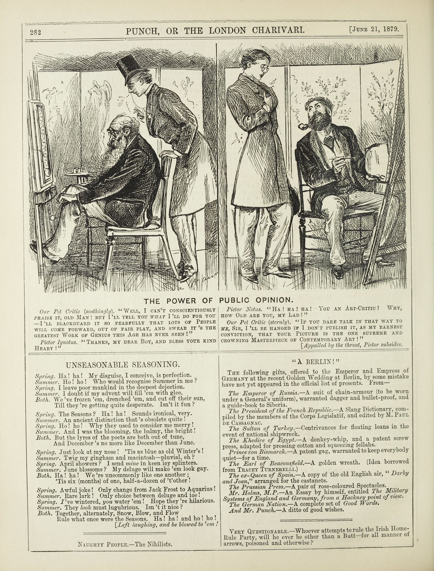 Ein altes Buch mit einer Illustration eines Mannes in einem Anzug, der in einem Stuhl sitzt und eine Frau neben ihm steht, beide mit ernsten Gesichtern, und der Titel "Die Macht der öffentlichen Meinung" auf der Seite sichtbar ist.