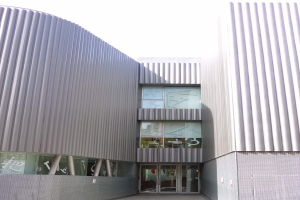 Ein modernes, großes Schulgebäude mit zahlreichen Fenstern und einer zentralen Tür, vor einem Himmel-Hintergrund.