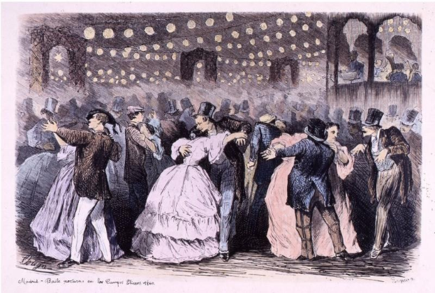 Eine Gruppe von Menschen, die in einem Ballsaal tanzen, mit Text unten: "Madame Baille Nacional en la Campagne Bleuet, 1860".