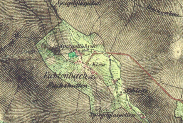 Ein detailliertes altes Stadtplan von Lichtenbach, Deutschland, der Straßen, Gebäude und andere Gebietmerkmale mit Textanmerkungen zeigt.