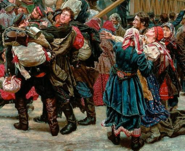 Gemälde, das eine lebhafte Szene von Menschen in traditioneller russischer Kleidung während der russischen Revolution zeigt, die Gegenstände halten und vor einer Menge und einem Holzhaus tanzen.