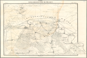 Ein altes Stadtplan von Hessen, Deutschland, mit schwarzen Rändern und Text, in einem Foto Rahmen angezeigt.