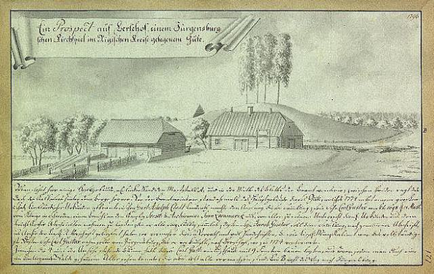 Ein altes Dokument mit einer Zeichnung eines Bauernhofs in einem Feld, umgeben von Häusern, Bäumen und einem Himmel, mit dem Text "Surgensburg, Germany - Landschaft eines Bauernhofs".