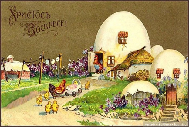 Eine alte Postkarte mit einer Farmszene mit Hennen, einem Wagen, Hütten, blühenden Pflanzen, Gras, einem Zaun und einem Himmel, mit Text, der wahrscheinlich jemandem einen fröhlichen Ostern wünscht.