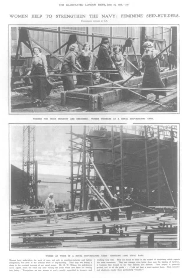 Schwarzes und weißes Foto von Frauen, die Metallschiffsbauteile zusammenbauen, mit dem Text "Frauen stärken die Marine Feminine Schiffbauer" oben und unten.