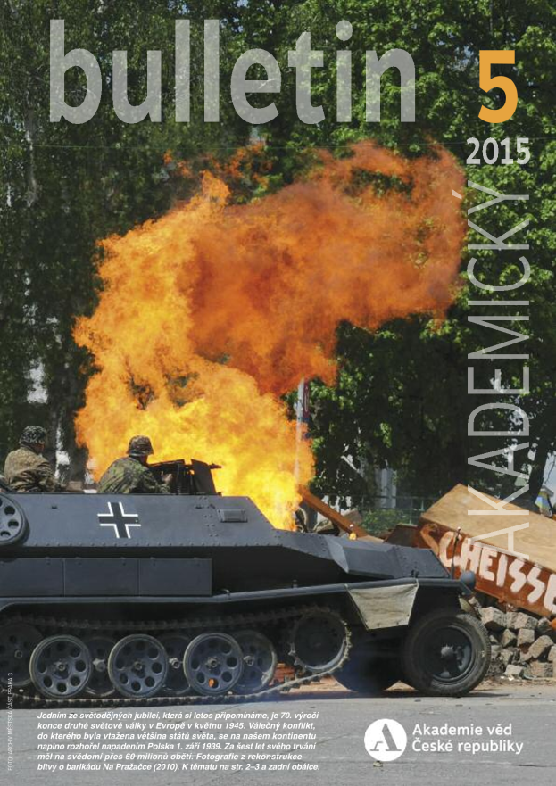 Ein Plakat mit einem brennenden Fahrzeug mit Menschen darauf, umgeben von brennenden Bäumen, mit der Aufschrift "Bulletin 5 2015".