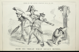 Ein Blatt mit einer Zeichnung von drei Personen, wobei eine einen Stock hält, und Text, der "Wie man diesen Mobbing-Bomba behandelt" lautet.