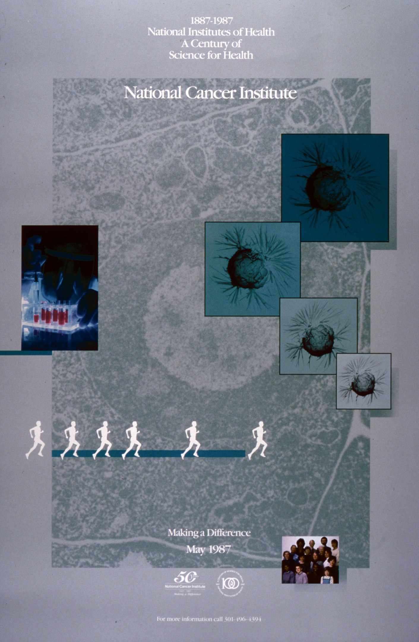 Buntes Plakat für das National Cancer Institute mit blauem Hintergrund und weißer Schrift, das einen Kreis aus überlappenden Bildern von strahlenden Menschen verschiedenen Alters, Geschlechts und Ethnien um den fetten, großgeschriebenen Titel "National Cancer Institute" zeigt.
