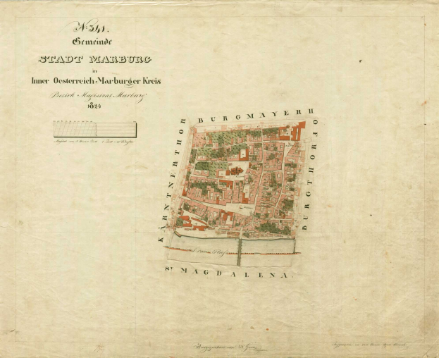 Detailierte alte Stadtplan von Marburg mit Straßen, Gebäuden, Sehenswürdigkeiten und Text mit zusätzlichen Stadtinformationen.