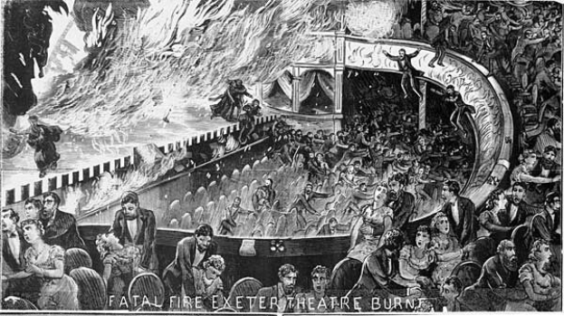 Schwarze und weiße Illustration einer panischen Menge in einem brennenden Theater, mit der Aufschrift 'Tödlicher Brand Exeter Theatre' unten.