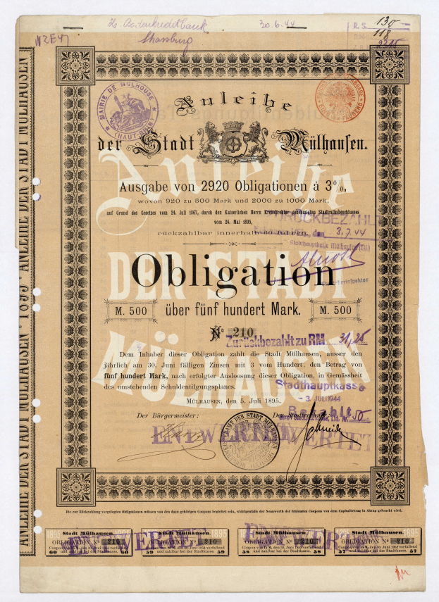 Ein altes deutsches Wertpapier mit weißem Hintergrund, das Text und Stempel enthält und als Verpflichtung ausgewiesen ist.