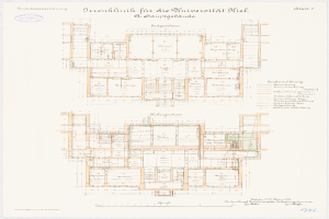 Ein detaillierter Grundrissplan der Universität von Hiel, der zahlreiche Räume und umfassende Layout-Informationen zeigt.