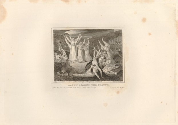 Schwarz-weiß-Radierung mit dem Titel 'Aaron Staying the Plague', die verängstigte Menschen in einem Feld unter einem tiefblauen Himmel mit untergehender Sonne zeigt.