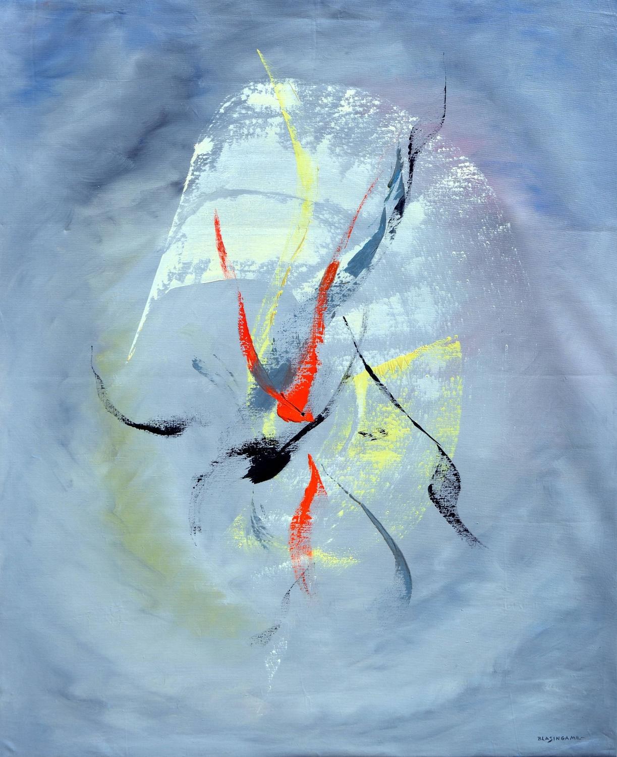 Abstrakte Malerei mit Acryl auf Leinwand, mit grauen Tönen, blauem Hintergrund und roten und gelben Akzenten.