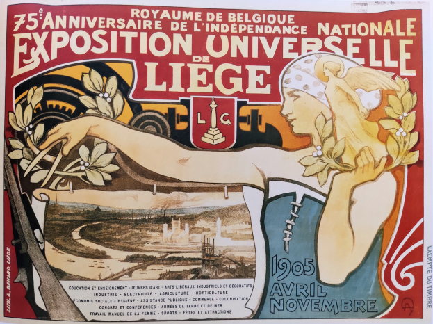 Plakat zum 75. Jubiläum der Nationalen Universitätsausstellung in Liège: Eine Frau hält einen Blumenstrauß und gibt Details zum Ereignis an.