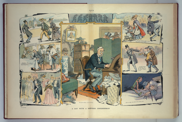 Ein aufgeschlagenes Buch mit einer bunten Cartoon-Zeichnung eines Mannes in Anzug und Krawatte, der Piano spielt und von lachenden Menschen umgeben ist.