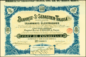 Ein altes Wertpapierzertifikat mit schwarzem Rand, das einen Mann in Anzug und Krawatte zeigt, sowie Text, der darauf hinweist, dass es sich um eine Anleihe handelt.